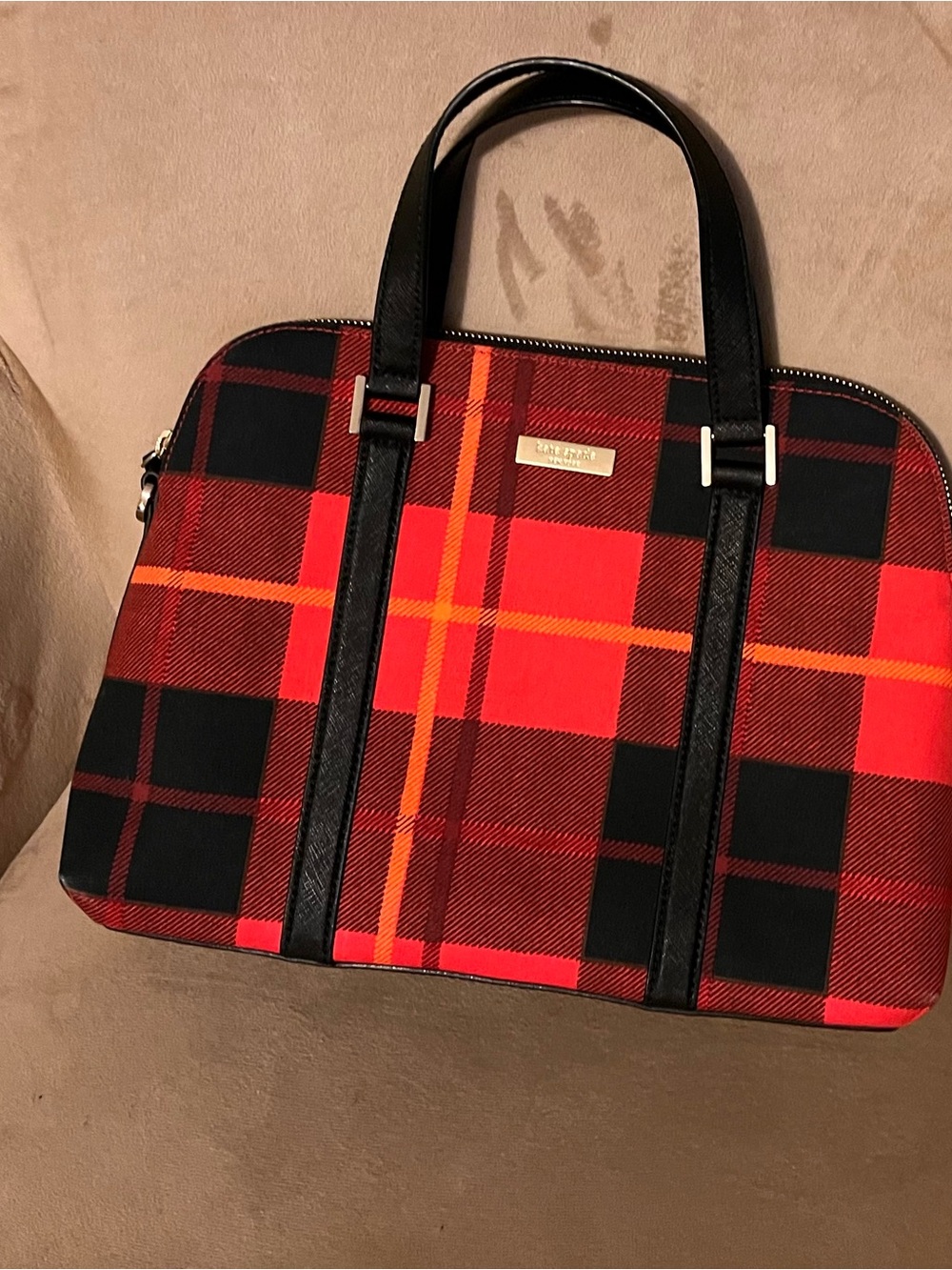kate spade Red and Black Plaid Tote with Gold Plaque